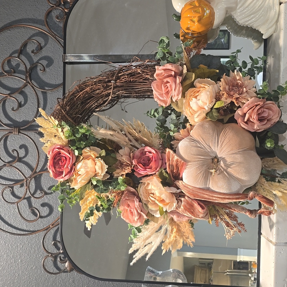 Floral Autumn Wreath with Pink and Cream Accents